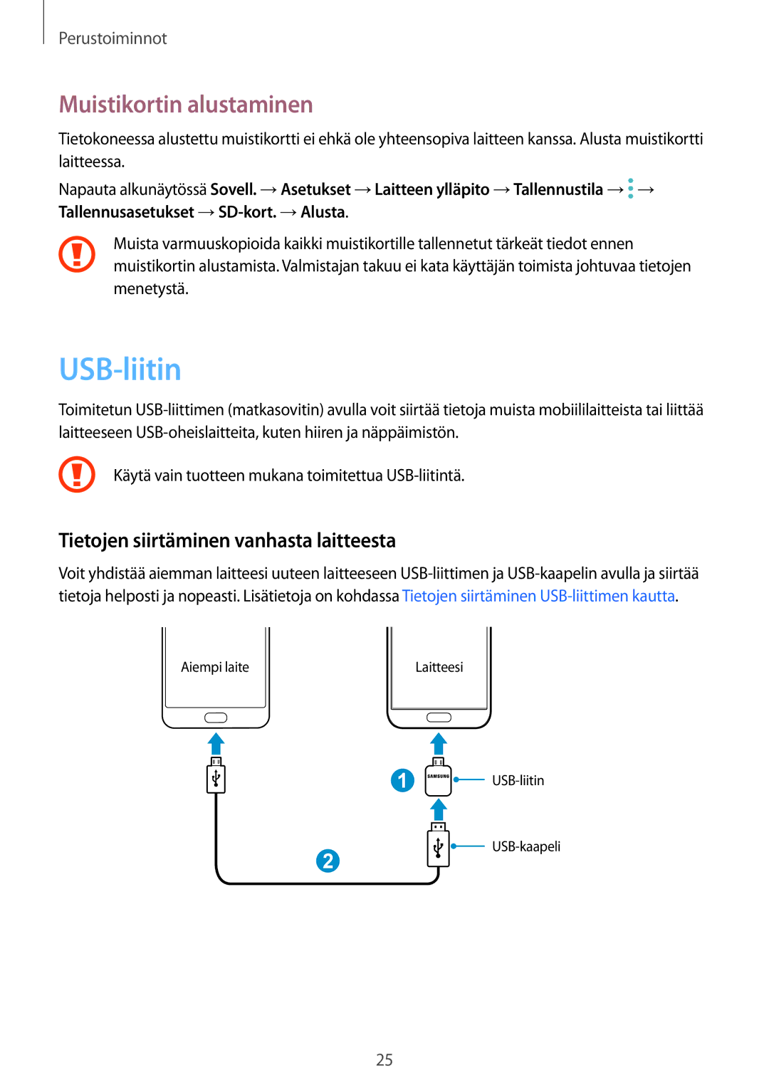 Samsung SM-G930FEDANEE, SM-G930FZWANEE manual USB-liitin, Muistikortin alustaminen, Tietojen siirtäminen vanhasta laitteesta 