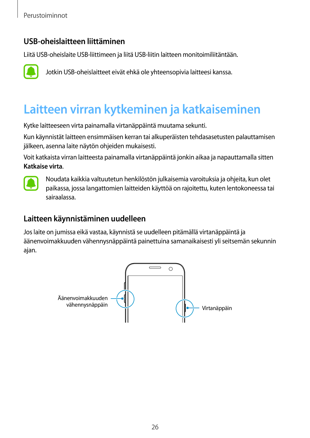 Samsung SM-G930FZWANEE, SM-G930FEDANEE manual Laitteen virran kytkeminen ja katkaiseminen, USB-oheislaitteen liittäminen 