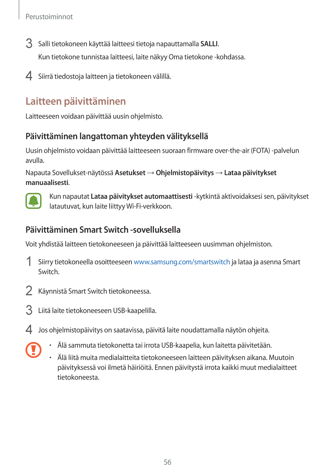 Samsung SM-G930FZWANEE, SM-G930FEDANEE manual Laitteen päivittäminen, Päivittäminen langattoman yhteyden välityksellä 