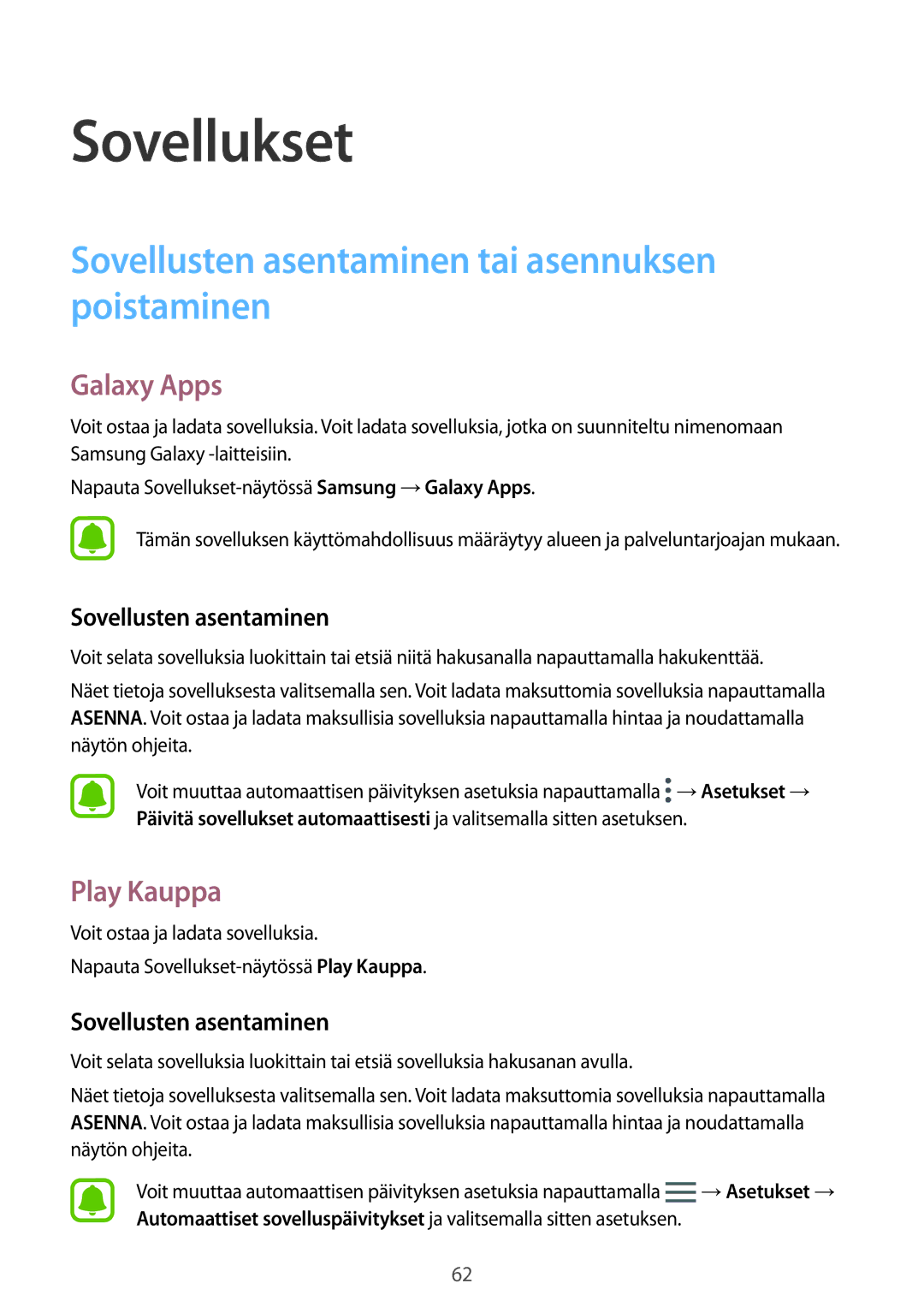 Samsung SM-G930FZSANEE, SM-G930FEDANEE manual Sovellusten asentaminen tai asennuksen poistaminen, Galaxy Apps, Play Kauppa 