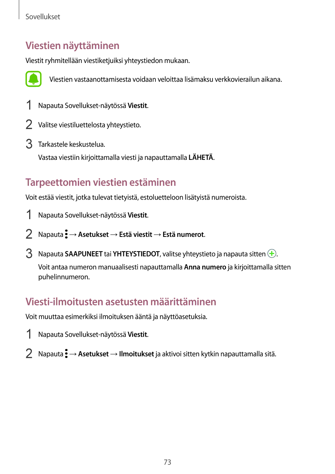 Samsung SM-G930FZKANEE Viestien näyttäminen, Tarpeettomien viestien estäminen, Viesti-ilmoitusten asetusten määrittäminen 