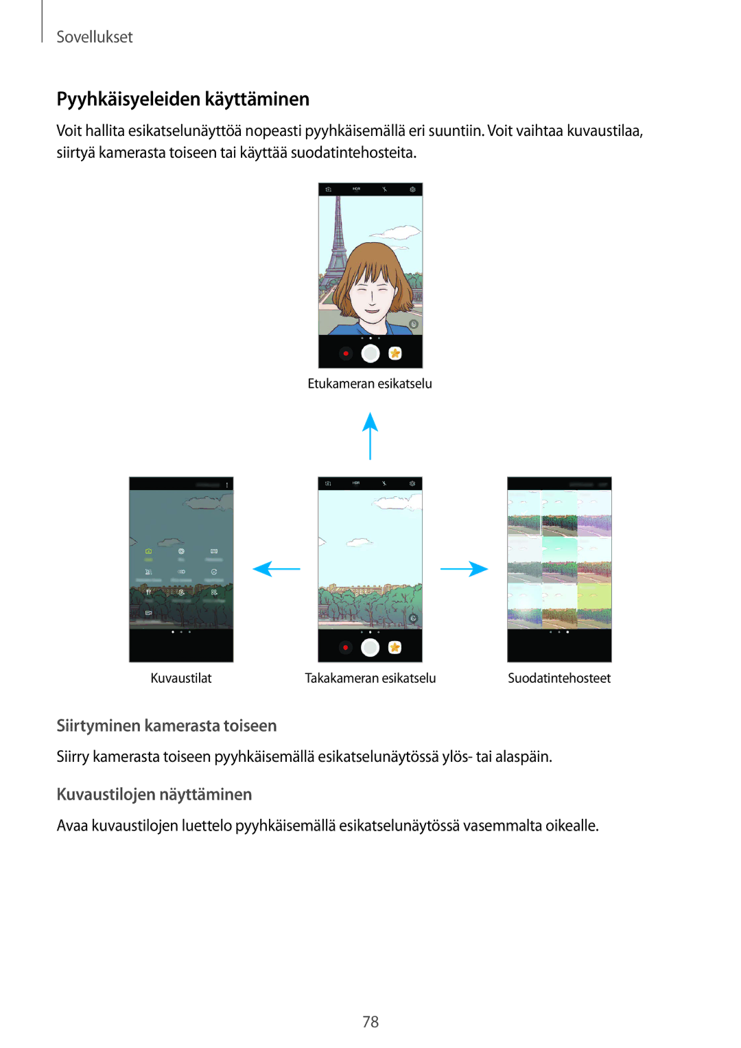 Samsung SM-G930FZKANEE manual Pyyhkäisyeleiden käyttäminen, Siirtyminen kamerasta toiseen, Kuvaustilojen näyttäminen 