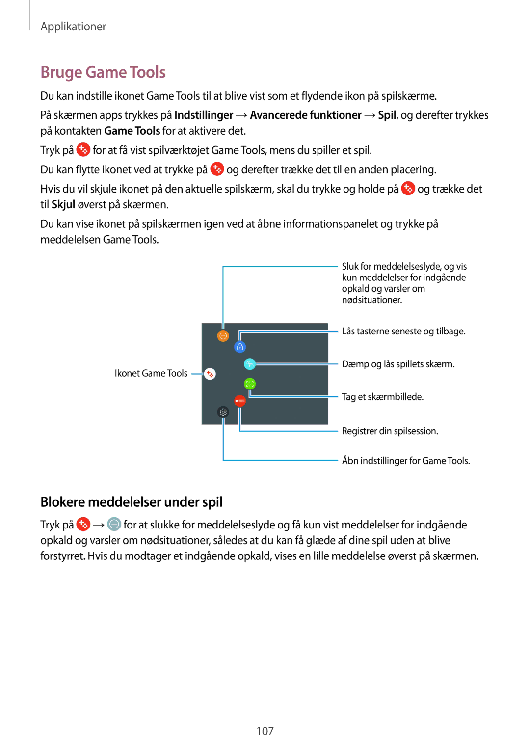 Samsung SM-G930FZSANEE, SM-G930FEDANEE, SM-G930FZWANEE, SM-G930FZKANEE manual Bruge Game Tools, Blokere meddelelser under spil 