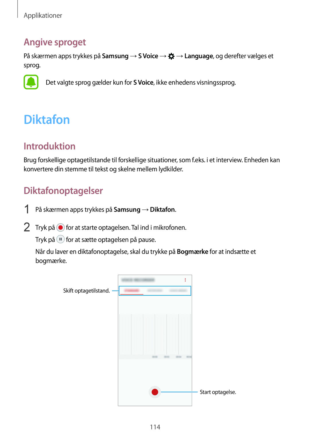 Samsung SM-G930FZDANEE, SM-G930FEDANEE, SM-G930FZWANEE, SM-G930FZSANEE, SM-G930FZKANEE Angive sproget, Diktafonoptagelser 