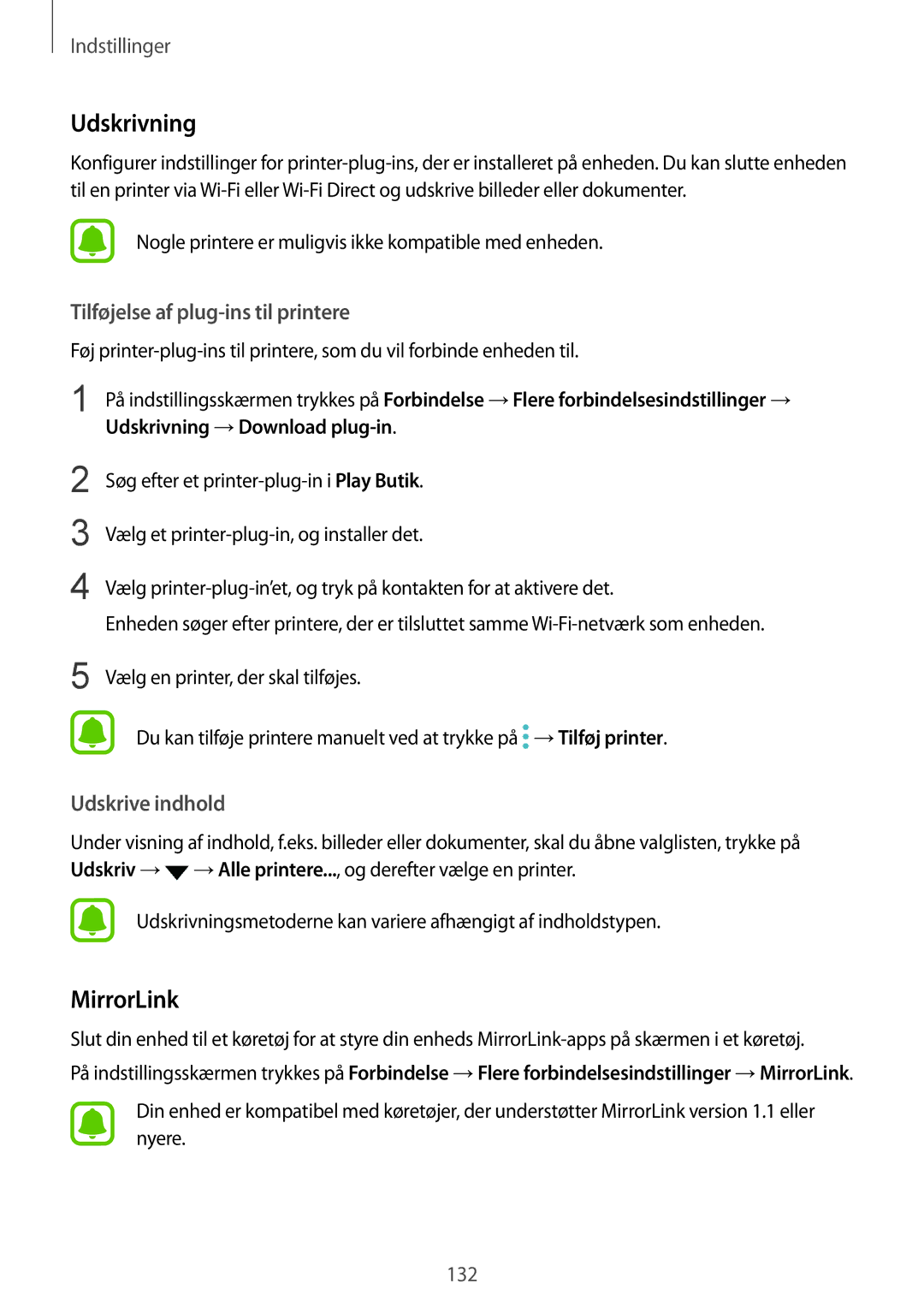 Samsung SM-G930FZSANEE, SM-G930FEDANEE manual Udskrivning, MirrorLink, Tilføjelse af plug-ins til printere, Udskrive indhold 