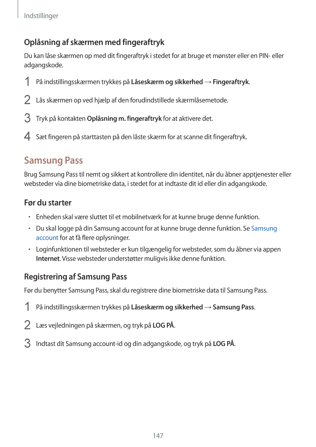 Samsung SM-G930FZSANEE, SM-G930FEDANEE manual Oplåsning af skærmen med fingeraftryk, Registrering af Samsung Pass 