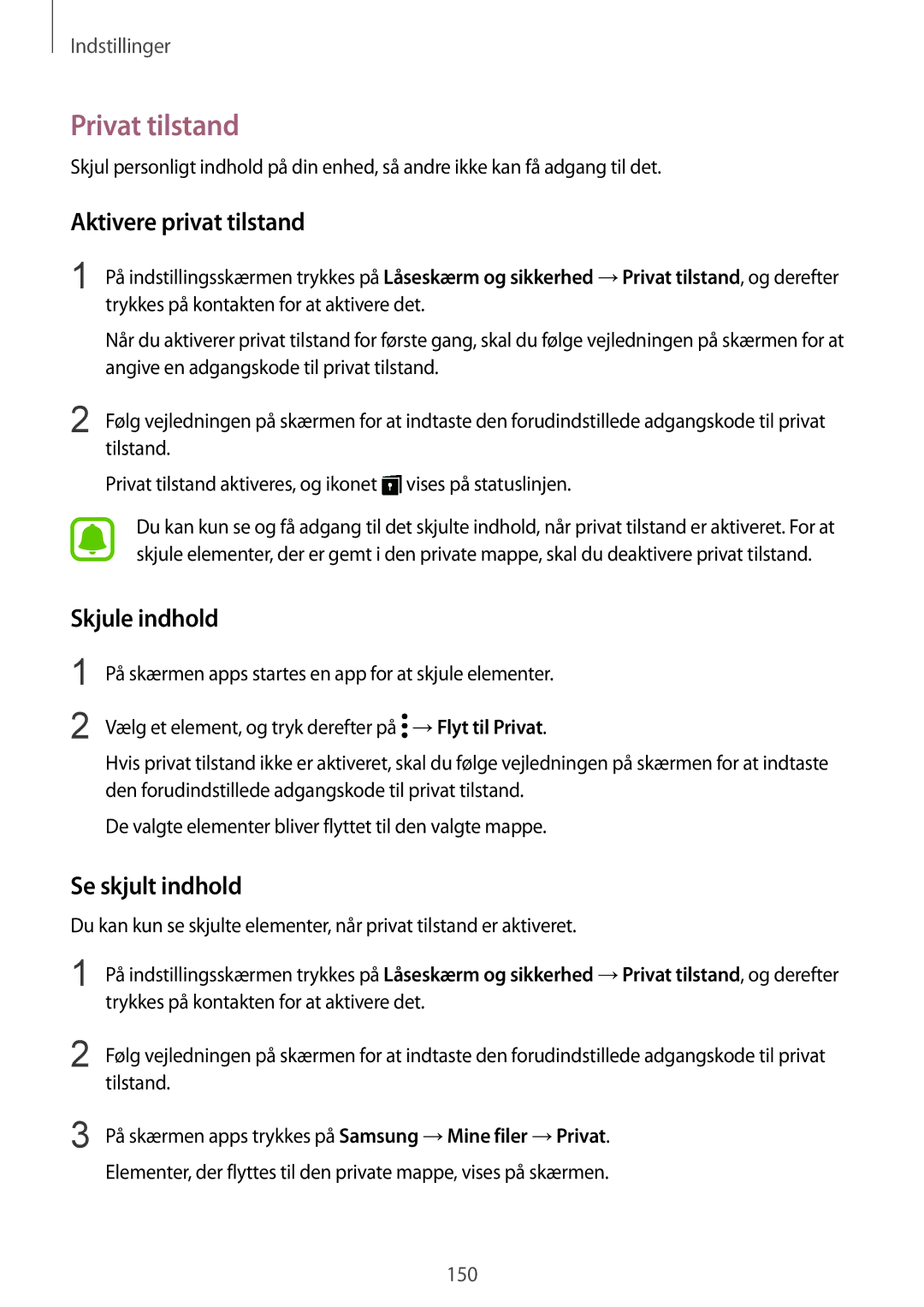 Samsung SM-G930FEDANEE, SM-G930FZWANEE manual Privat tilstand, Aktivere privat tilstand, Skjule indhold, Se skjult indhold 