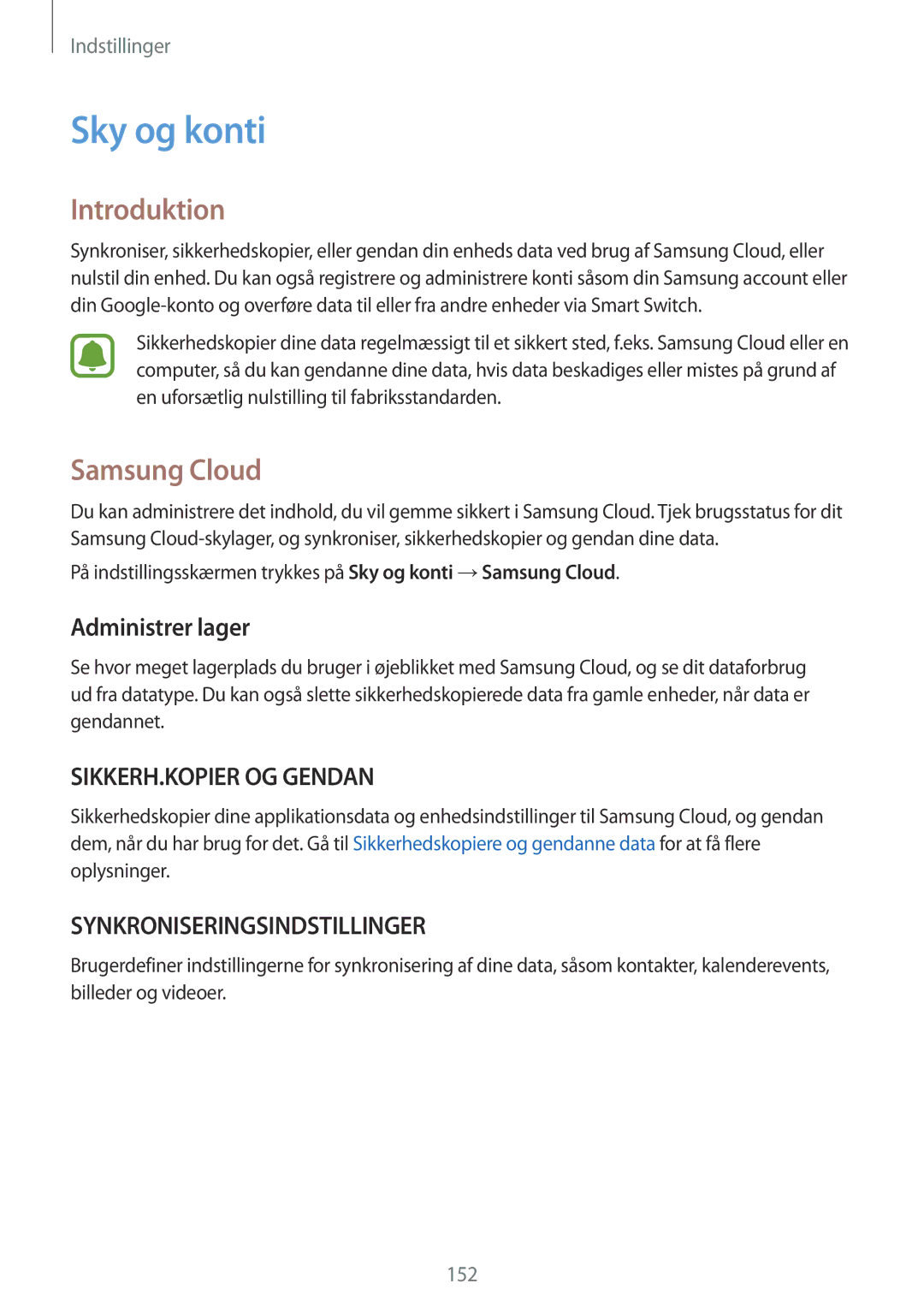 Samsung SM-G930FZSANEE, SM-G930FEDANEE, SM-G930FZWANEE, SM-G930FZKANEE manual Sky og konti, Samsung Cloud, Administrer lager 