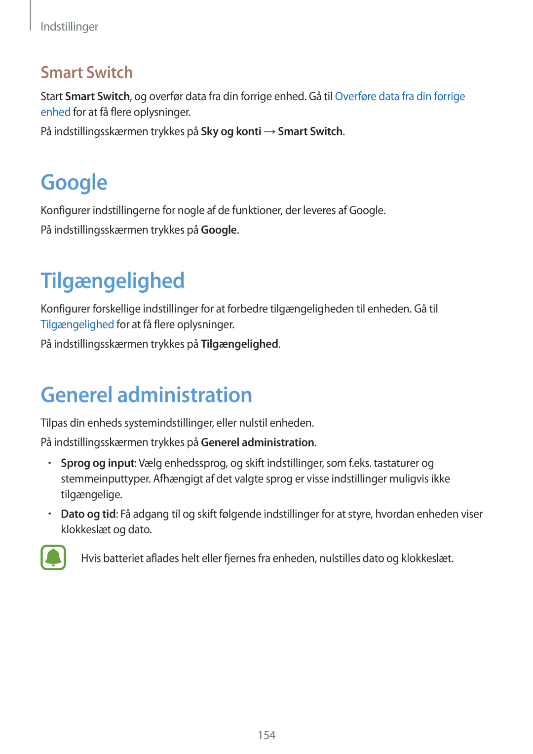 Samsung SM-G930FZDANEE, SM-G930FEDANEE, SM-G930FZWANEE manual Google, Tilgængelighed, Generel administration, Smart Switch 