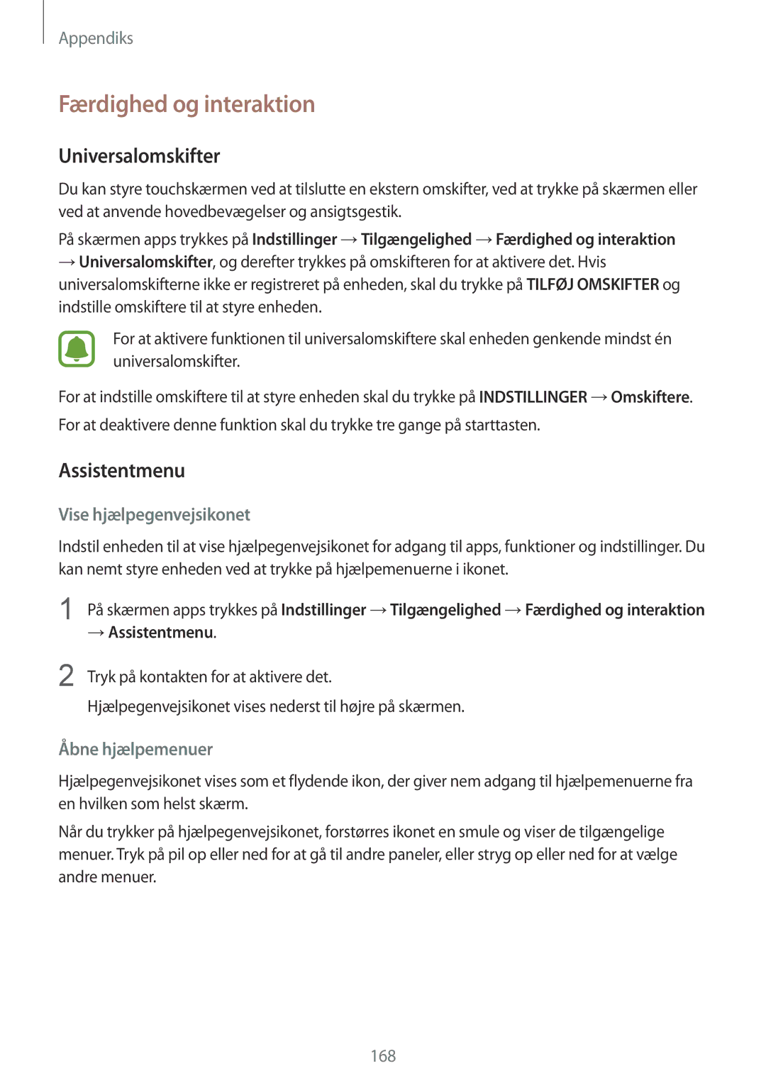 Samsung SM-G930FZKANEE manual Færdighed og interaktion, Universalomskifter, Assistentmenu, Vise hjælpegenvejsikonet 