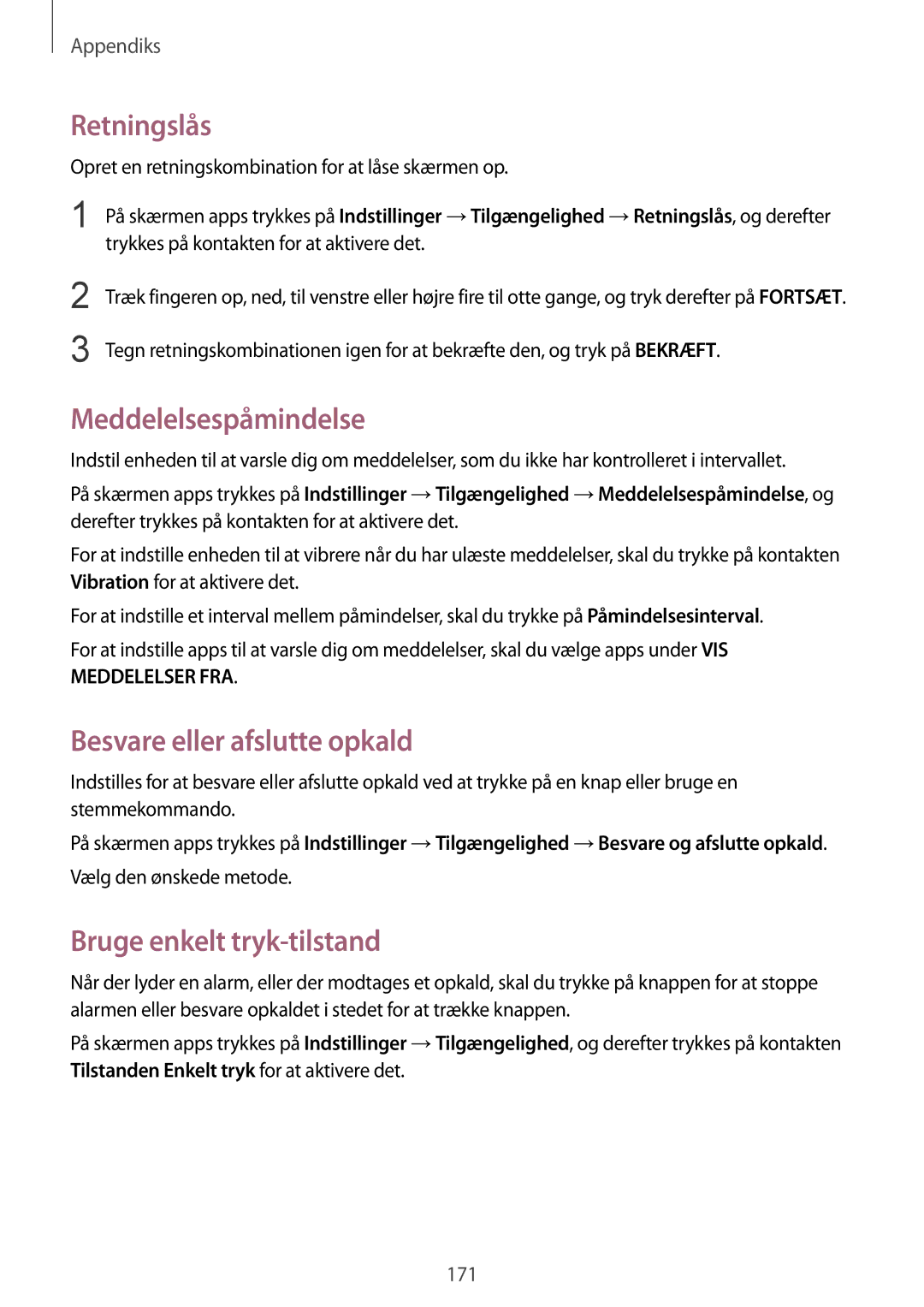 Samsung SM-G930FZWANEE manual Retningslås, Meddelelsespåmindelse, Besvare eller afslutte opkald, Bruge enkelt tryk-tilstand 