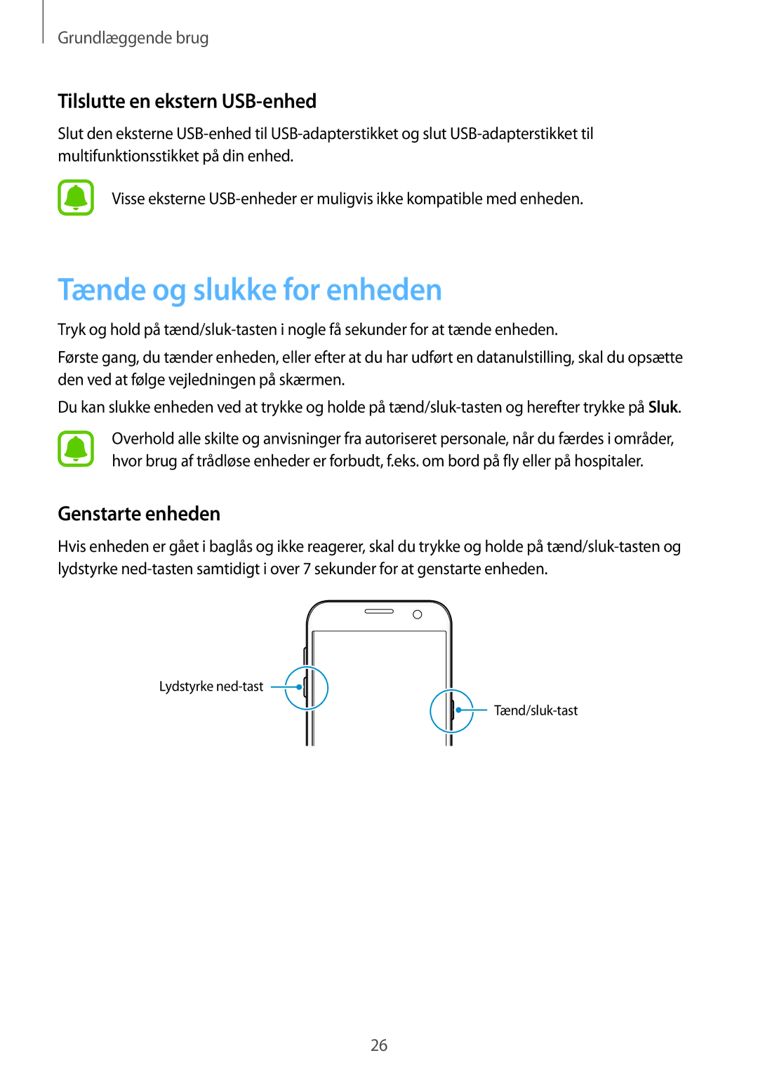 Samsung SM-G930FZWANEE, SM-G930FEDANEE manual Tænde og slukke for enheden, Tilslutte en ekstern USB-enhed, Genstarte enheden 