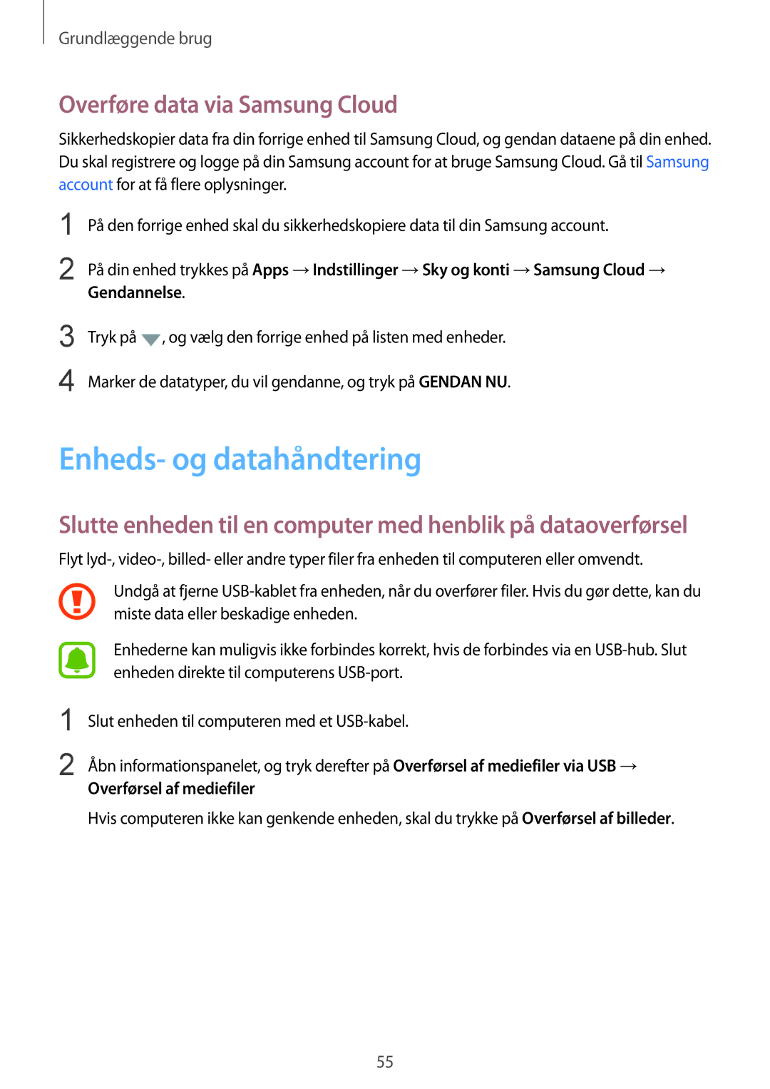 Samsung SM-G930FEDANEE manual Enheds- og datahåndtering, Overføre data via Samsung Cloud, Overførsel af mediefiler 