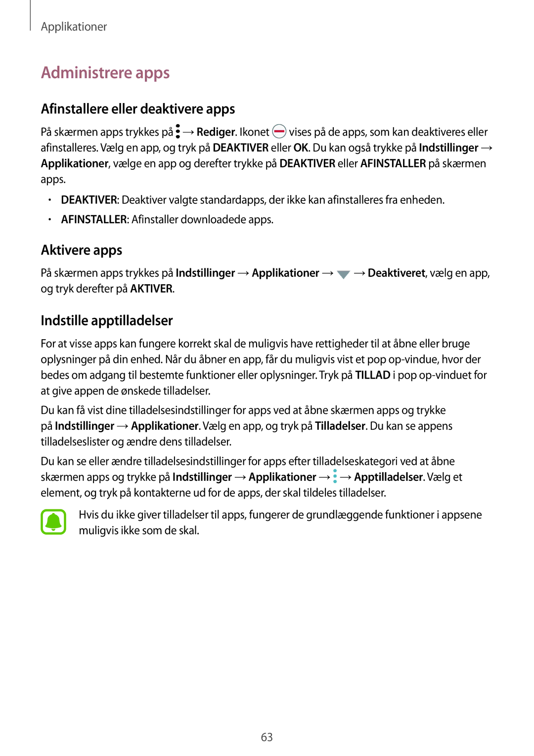 Samsung SM-G930FZKANEE Administrere apps, Afinstallere eller deaktivere apps, Aktivere apps, Indstille apptilladelser 