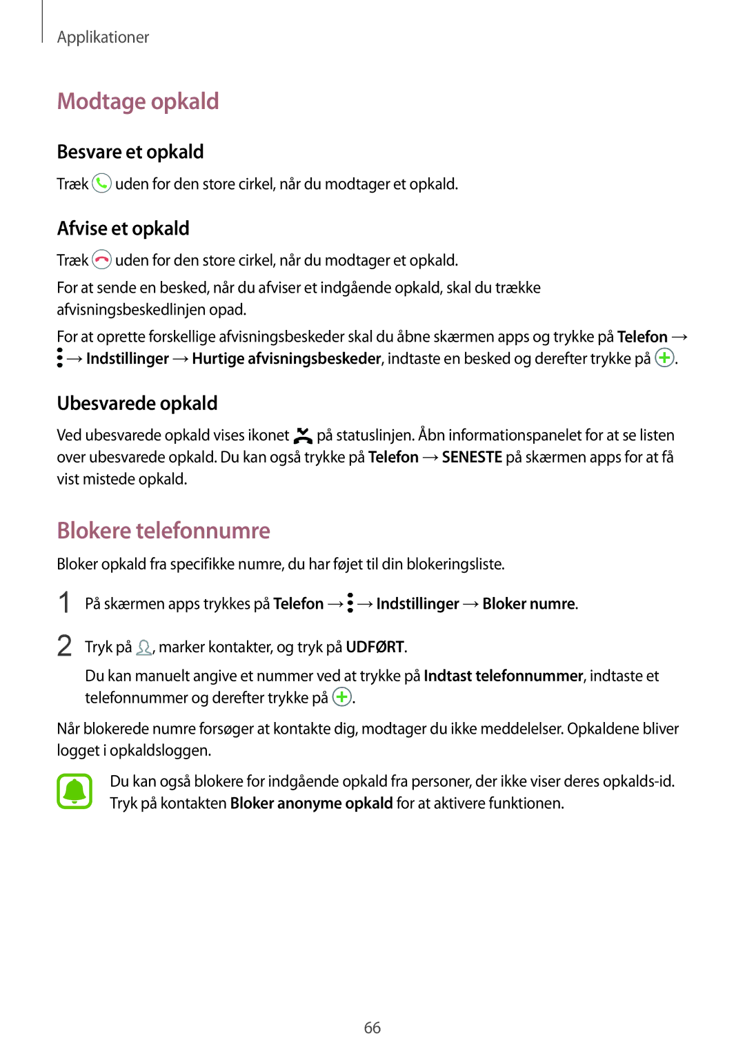 Samsung SM-G930FZWANEE manual Modtage opkald, Blokere telefonnumre, Besvare et opkald, Afvise et opkald, Ubesvarede opkald 