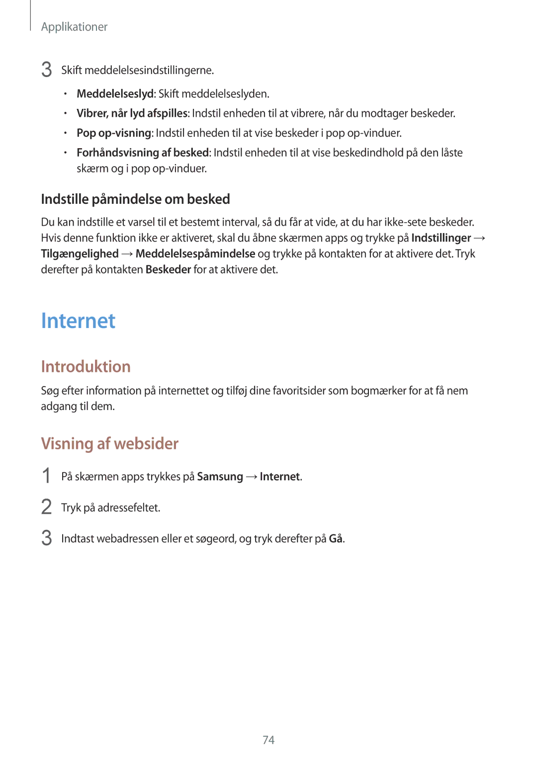 Samsung SM-G930FZDANEE, SM-G930FEDANEE, SM-G930FZWANEE manual Internet, Visning af websider, Indstille påmindelse om besked 