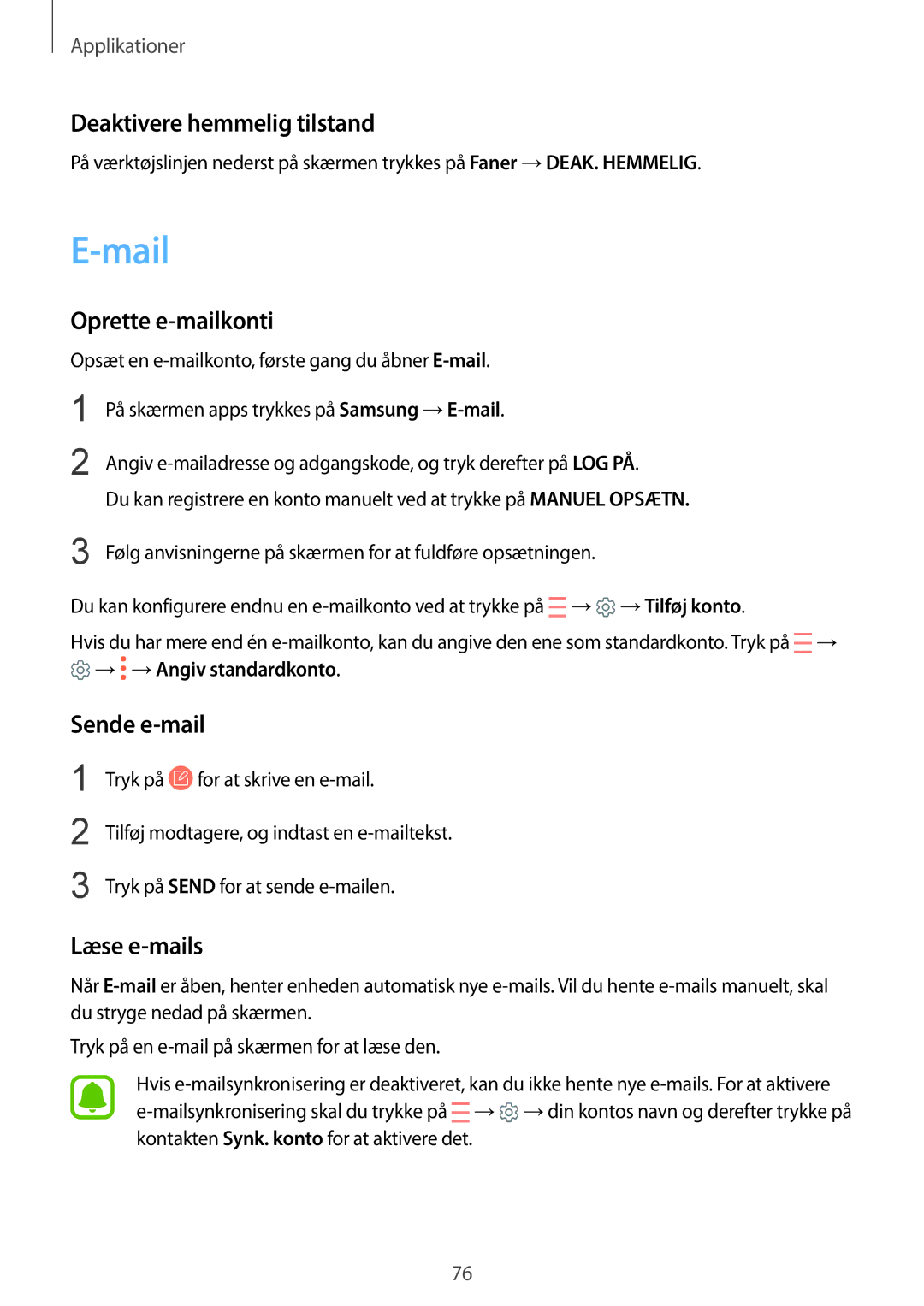 Samsung SM-G930FZWANEE, SM-G930FEDANEE Mail, Deaktivere hemmelig tilstand, Oprette e-mailkonti, Sende e-mail, Læse e-mails 