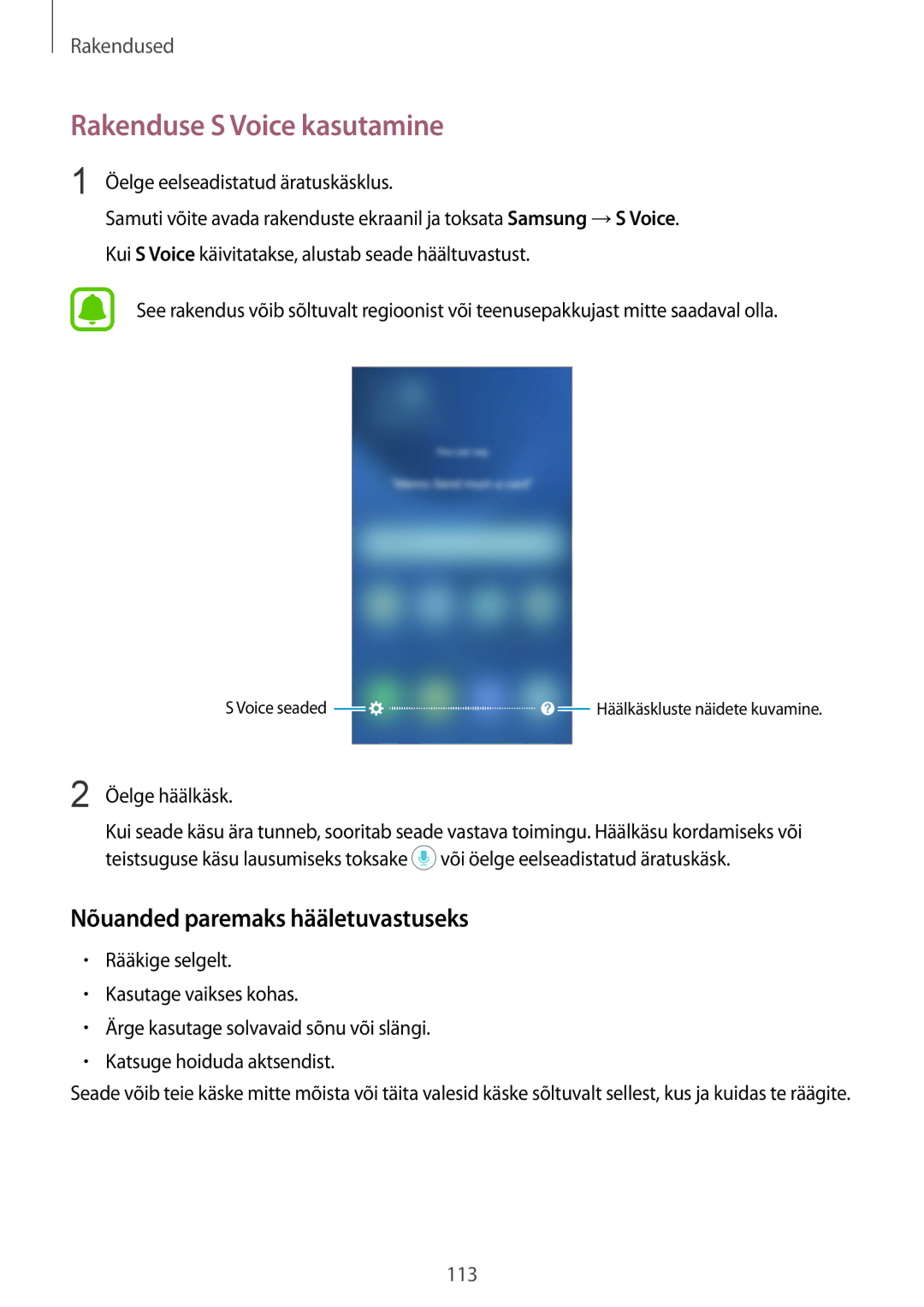 Samsung SM-G930FZDASEB manual Rakenduse S Voice kasutamine, Nõuanded paremaks hääletuvastuseks 