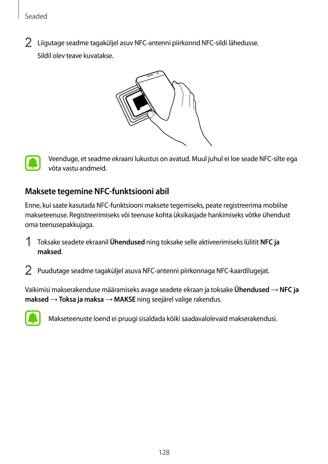 Samsung SM-G930FZDASEB manual Maksete tegemine NFC-funktsiooni abil, Maksed 