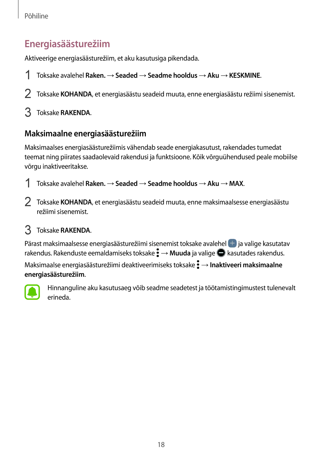 Samsung SM-G930FZDASEB manual Energiasäästurežiim, Maksimaalne energiasäästurežiim 