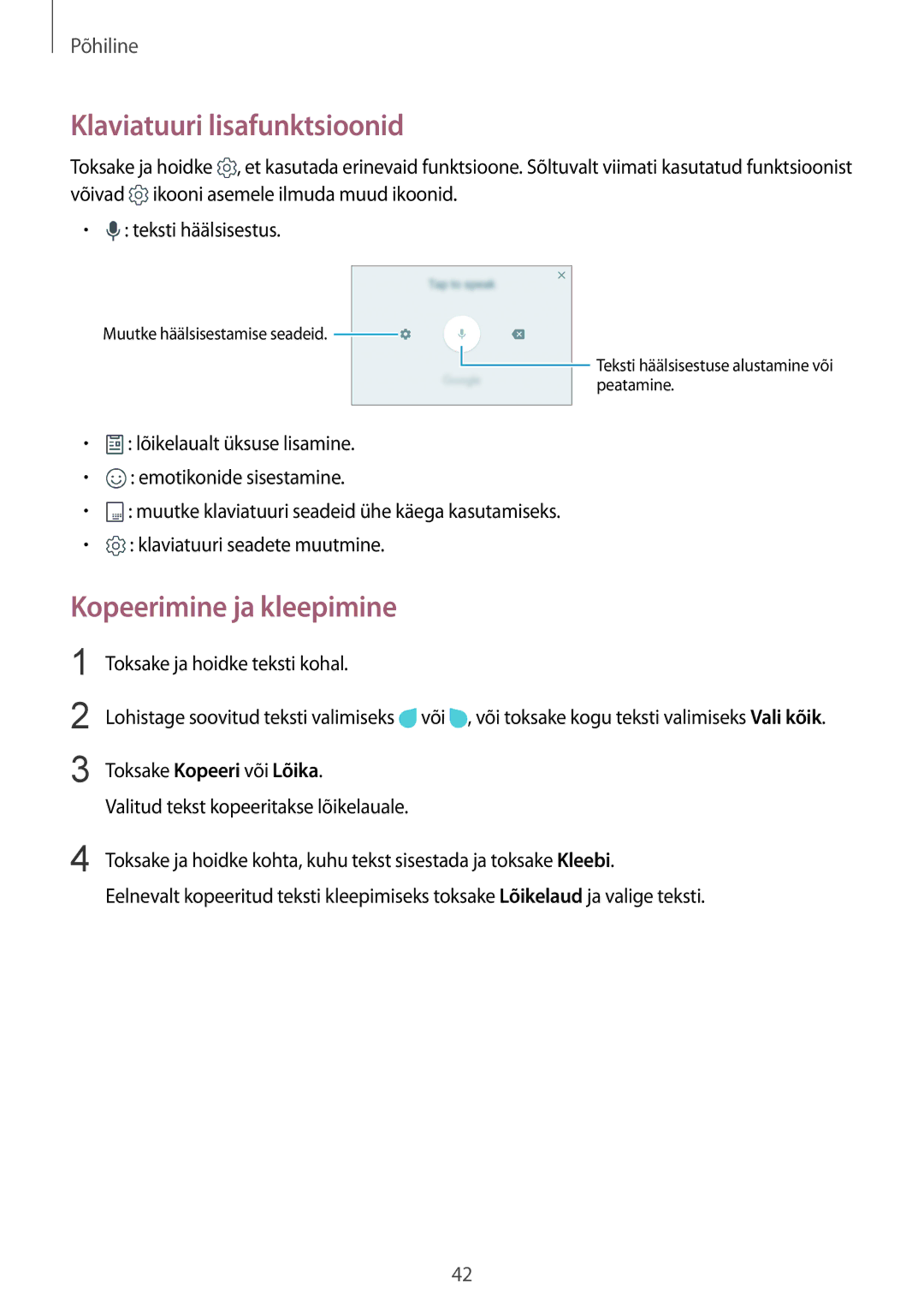 Samsung SM-G930FZDASEB manual Klaviatuuri lisafunktsioonid, Kopeerimine ja kleepimine 