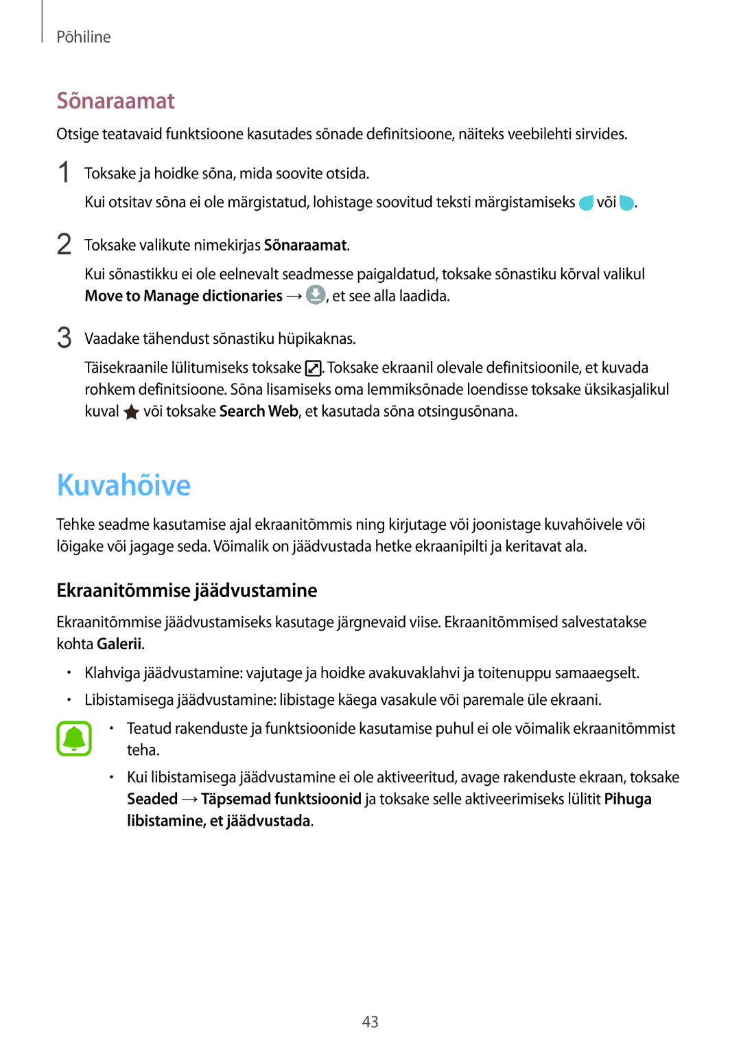 Samsung SM-G930FZDASEB manual Kuvahõive, Sõnaraamat, Ekraanitõmmise jäädvustamine 