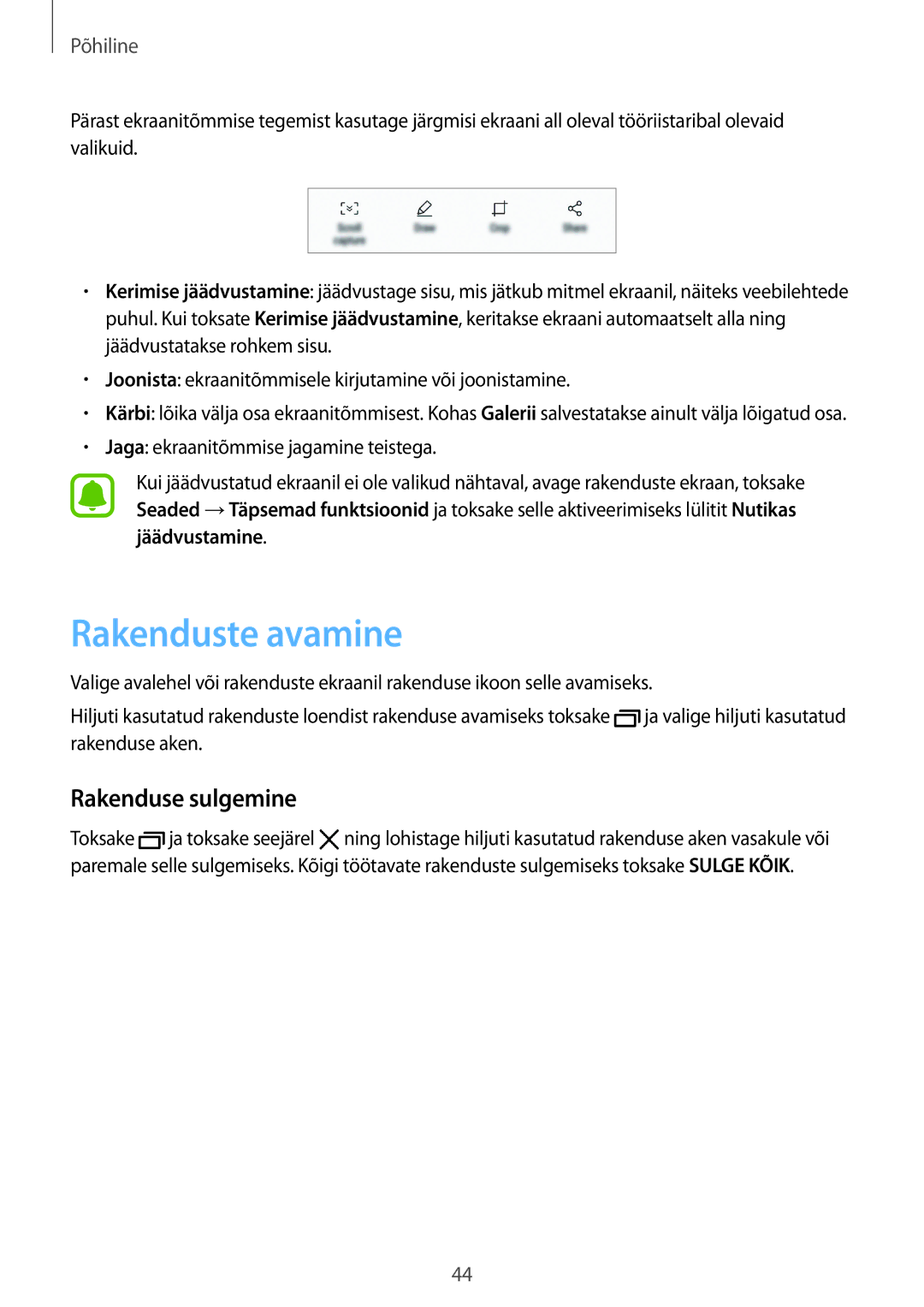 Samsung SM-G930FZDASEB manual Rakenduste avamine, Rakenduse sulgemine 