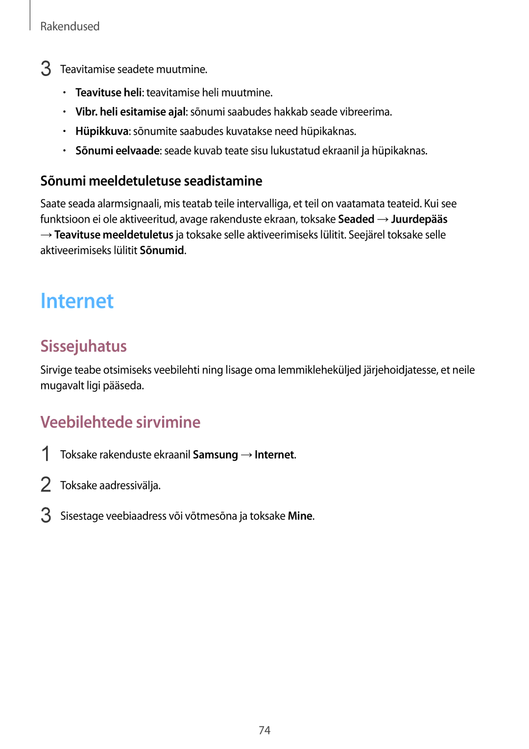 Samsung SM-G930FZDASEB manual Internet, Veebilehtede sirvimine, Sõnumi meeldetuletuse seadistamine 