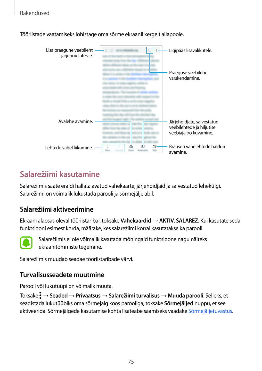 Samsung SM-G930FZDASEB manual Salarežiimi kasutamine, Salarežiimi aktiveerimine, Turvalisusseadete muutmine 