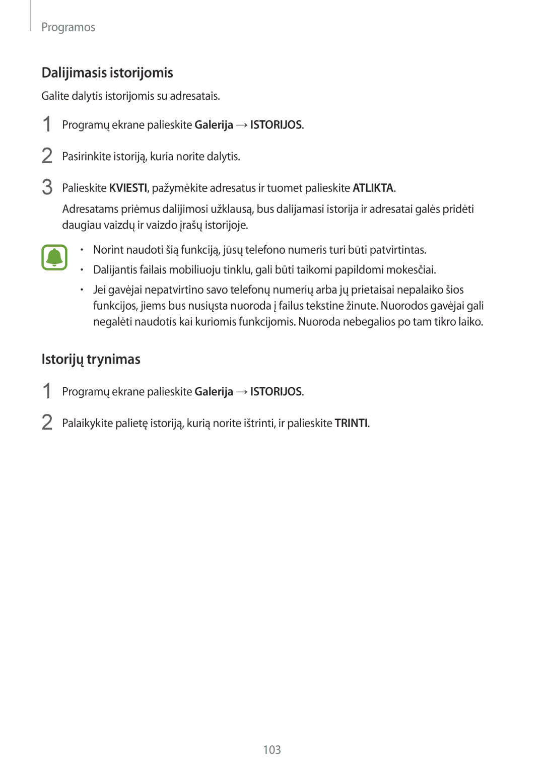 Samsung SM-G930FZDASEB manual Dalijimasis istorijomis, Istorijų trynimas 