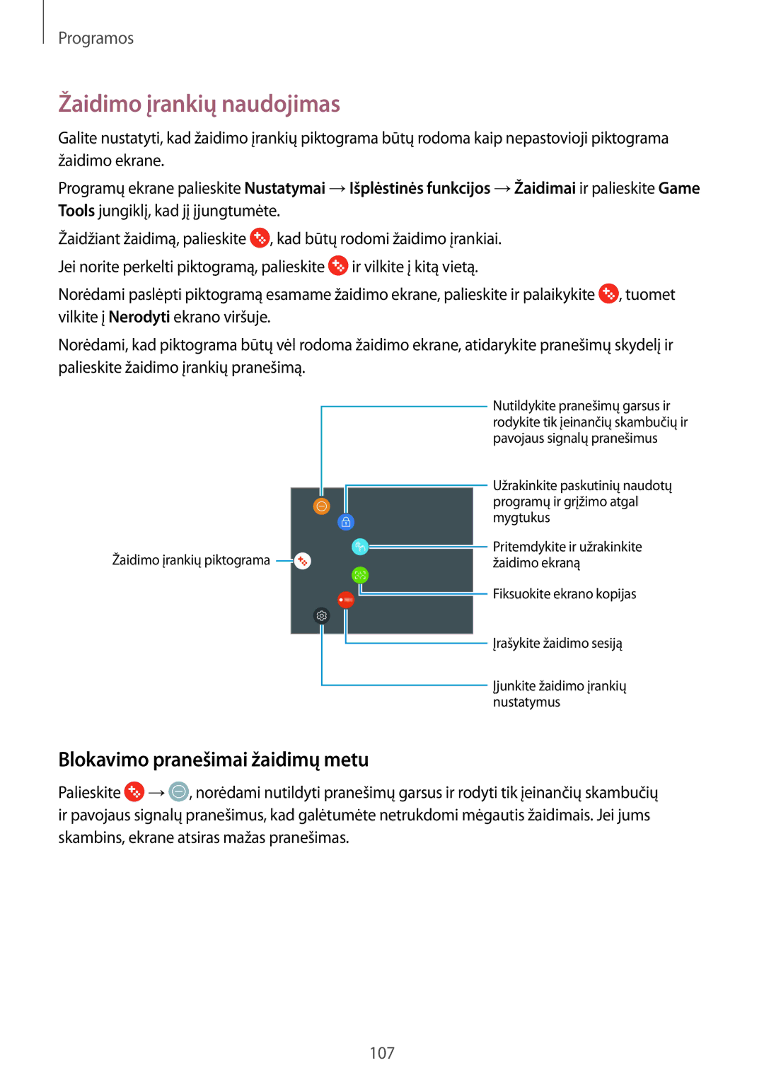 Samsung SM-G930FZDASEB manual Žaidimo įrankių naudojimas, Blokavimo pranešimai žaidimų metu 