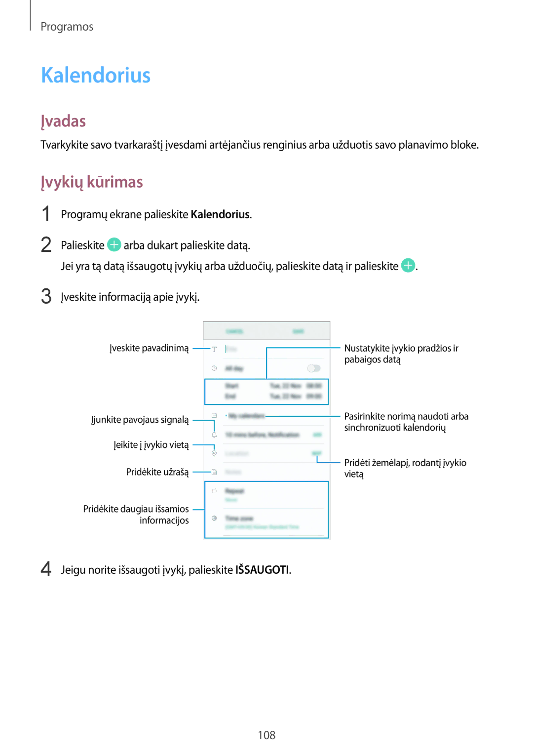 Samsung SM-G930FZDASEB manual Kalendorius, Įvykių kūrimas 