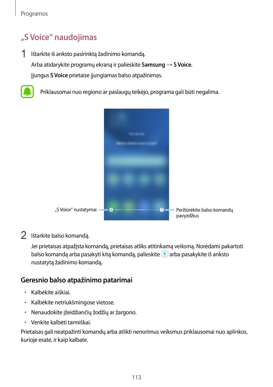 Samsung SM-G930FZDASEB manual „S Voice naudojimas, Geresnio balso atpažinimo patarimai 