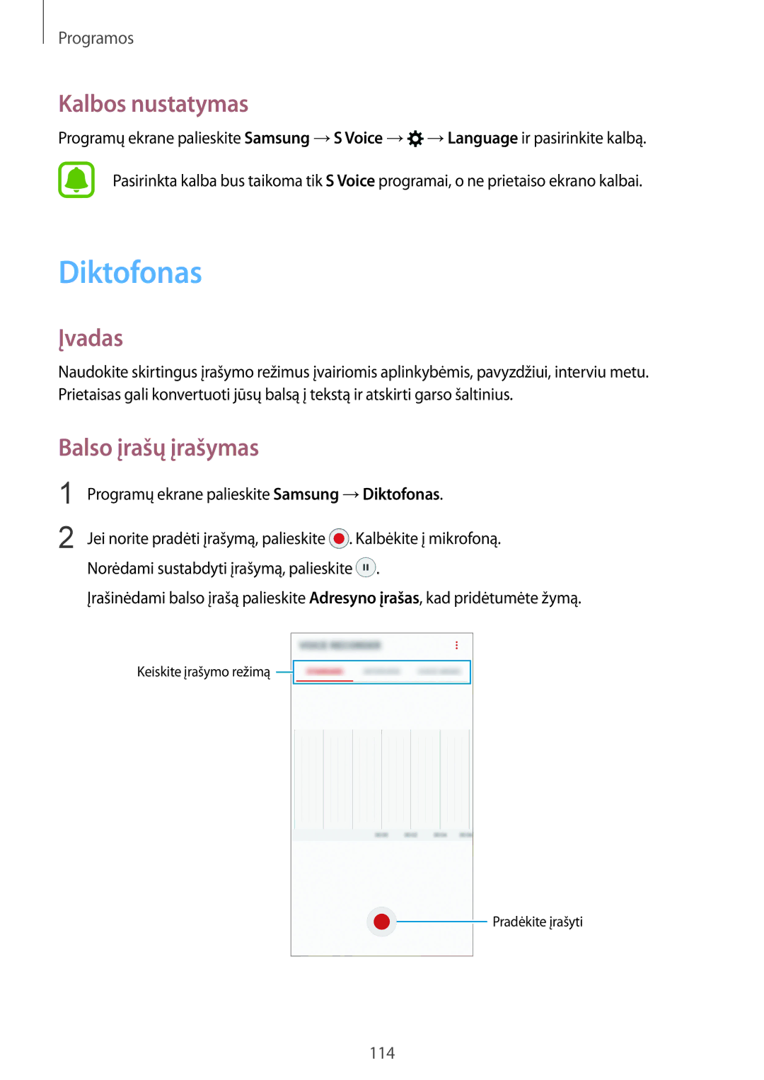 Samsung SM-G930FZDASEB manual Diktofonas, Kalbos nustatymas, Balso įrašų įrašymas 