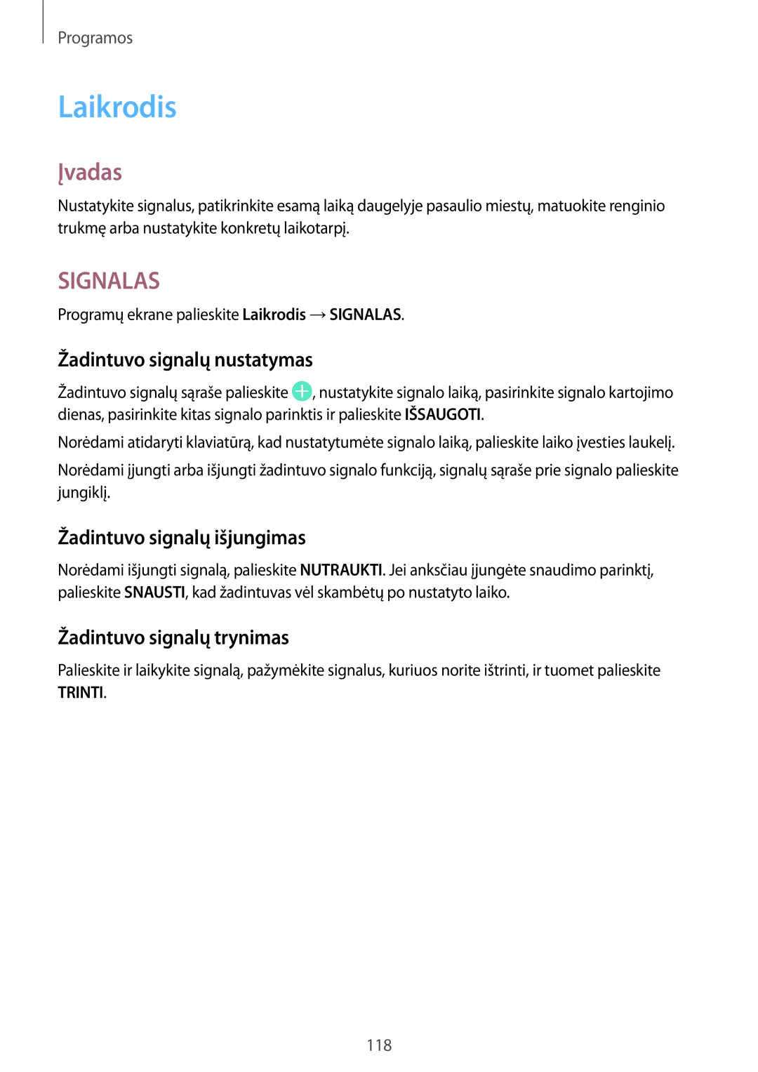 Samsung SM-G930FZDASEB Laikrodis, Žadintuvo signalų nustatymas, Žadintuvo signalų išjungimas, Žadintuvo signalų trynimas 