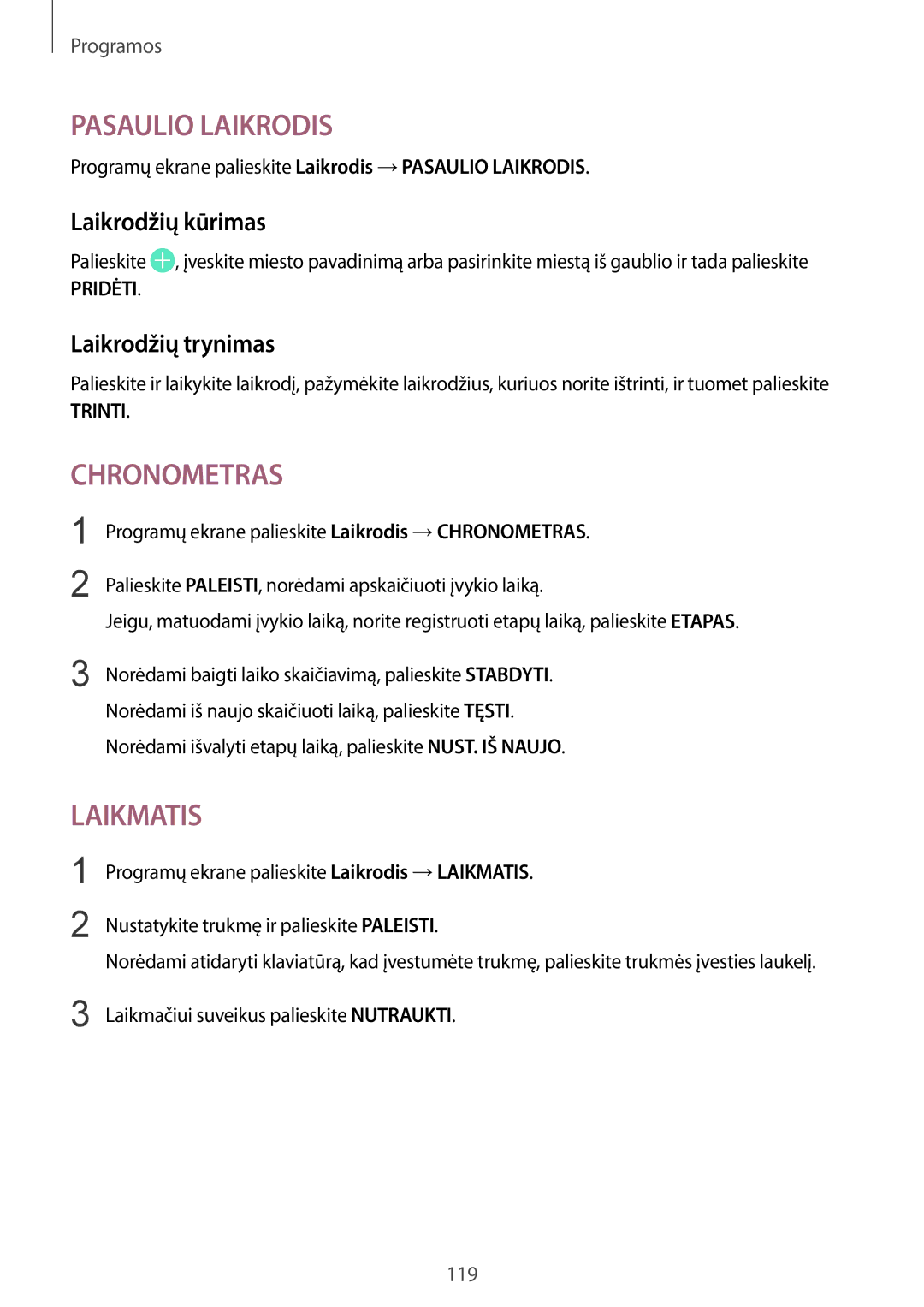 Samsung SM-G930FZDASEB manual Laikrodžių kūrimas, Laikrodžių trynimas 