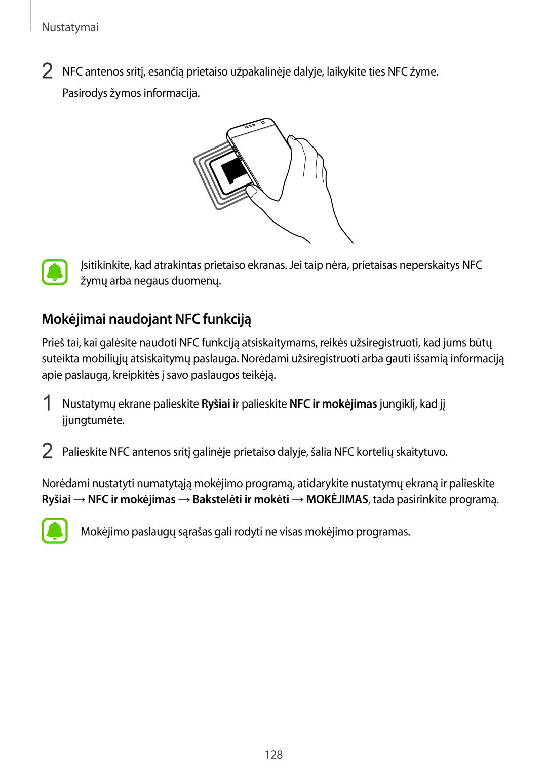 Samsung SM-G930FZDASEB manual Mokėjimai naudojant NFC funkciją 