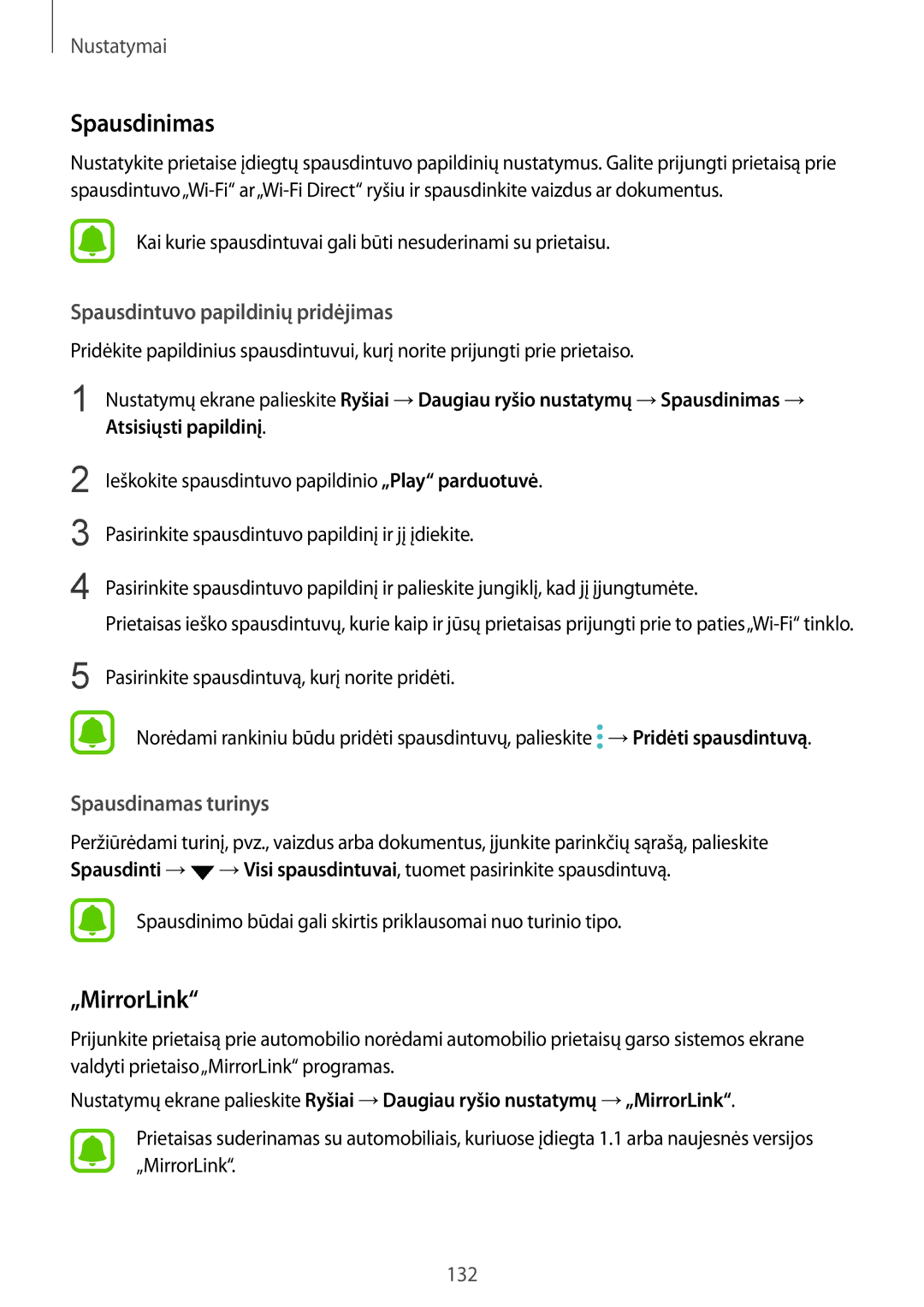 Samsung SM-G930FZDASEB manual Spausdinimas, „MirrorLink, Spausdintuvo papildinių pridėjimas, Spausdinamas turinys 