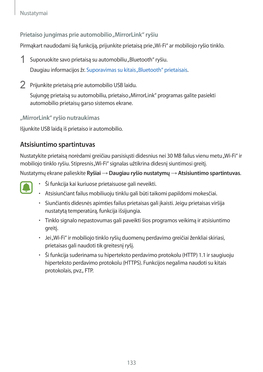 Samsung SM-G930FZDASEB manual Atsisiuntimo spartintuvas, Prietaiso jungimas prie automobilio„MirrorLink ryšiu 