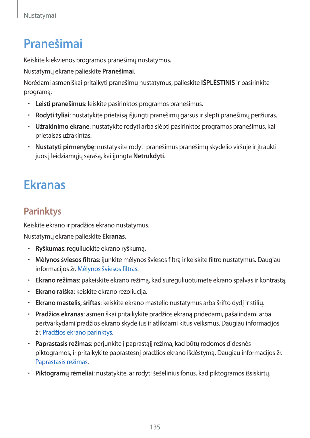 Samsung SM-G930FZDASEB manual Pranešimai, Ekranas, Parinktys 