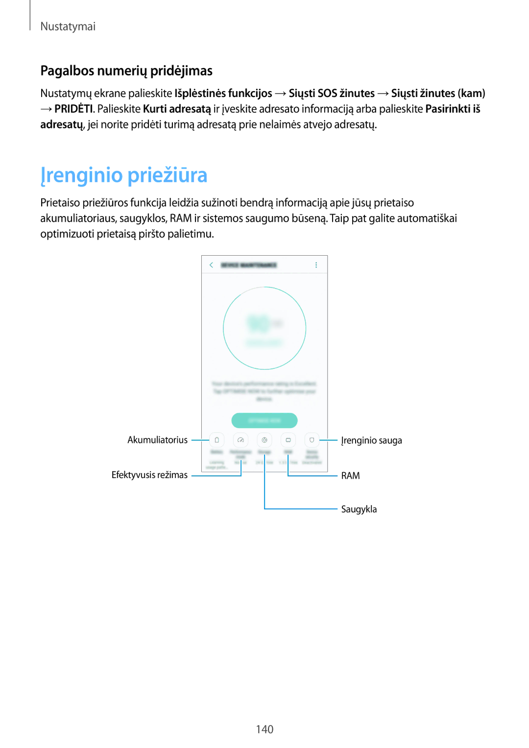 Samsung SM-G930FZDASEB manual Įrenginio priežiūra, Pagalbos numerių pridėjimas 