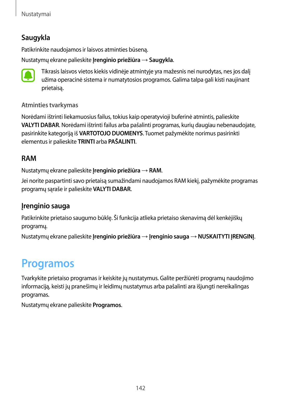 Samsung SM-G930FZDASEB manual Programos, Saugykla, Įrenginio sauga, Atminties tvarkymas 