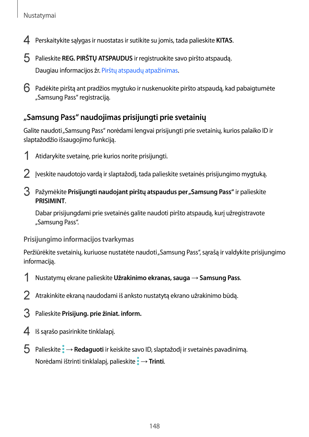 Samsung SM-G930FZDASEB manual „Samsung Pass naudojimas prisijungti prie svetainių, Prisijungimo informacijos tvarkymas 