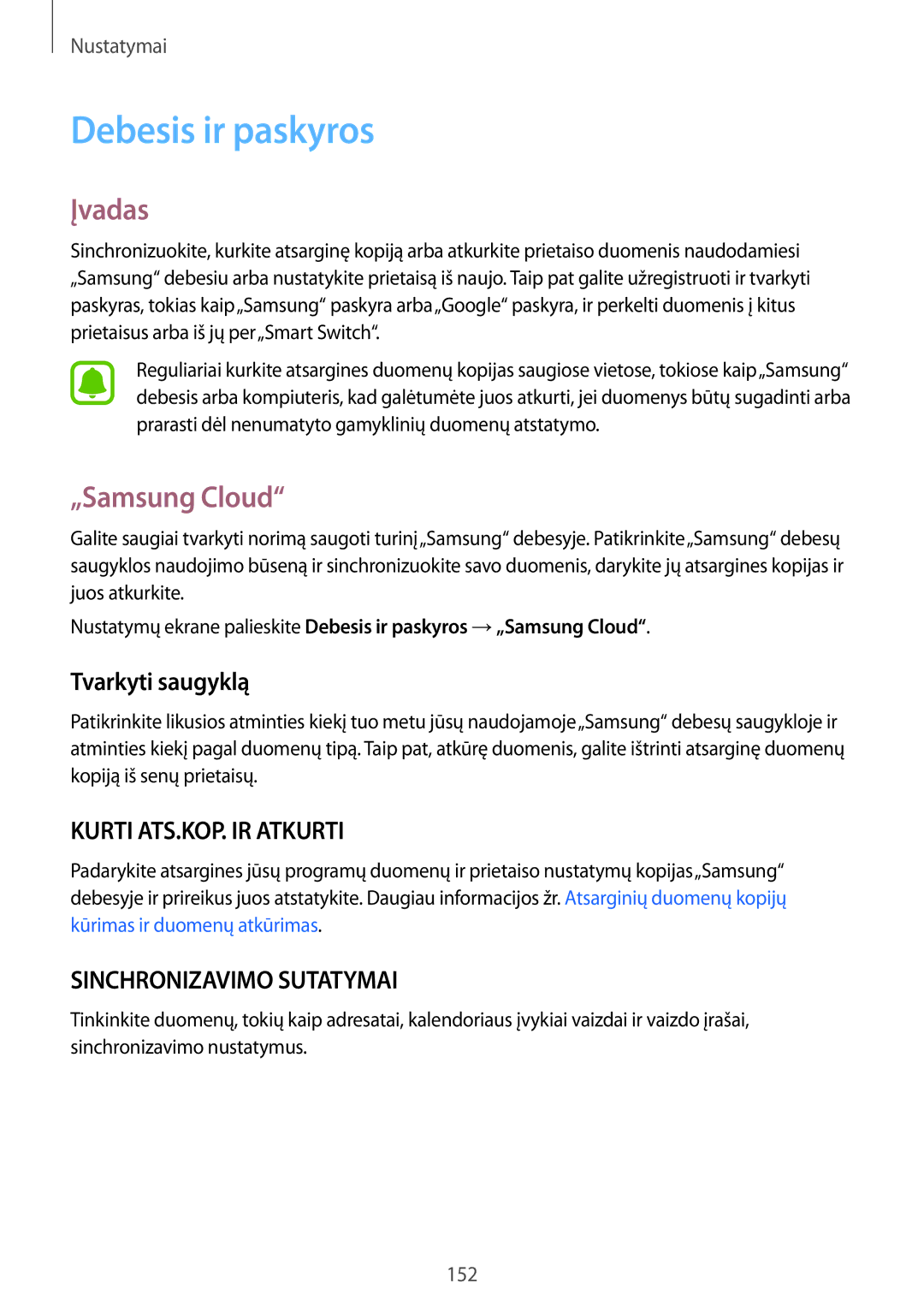 Samsung SM-G930FZDASEB manual Debesis ir paskyros, „Samsung Cloud, Tvarkyti saugyklą 