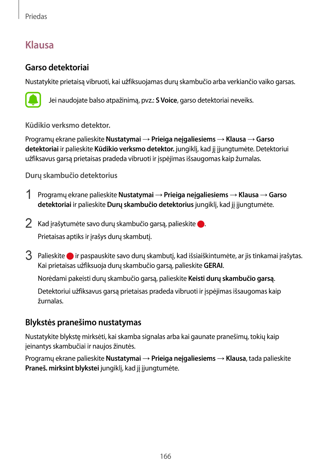 Samsung SM-G930FZDASEB manual Klausa, Garso detektoriai, Blykstės pranešimo nustatymas, Kūdikio verksmo detektor 