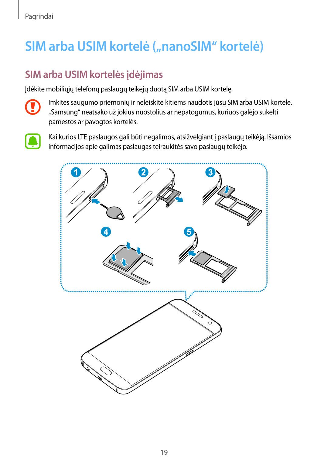 Samsung SM-G930FZDASEB manual SIM arba Usim kortelė „nanoSIM kortelė, SIM arba Usim kortelės įdėjimas 