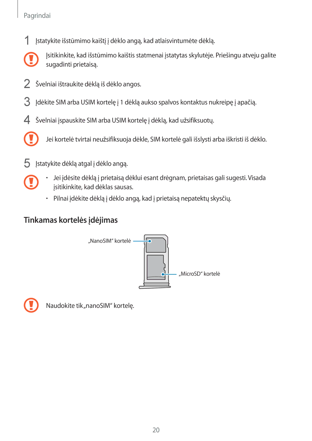 Samsung SM-G930FZDASEB manual Tinkamas kortelės įdėjimas 