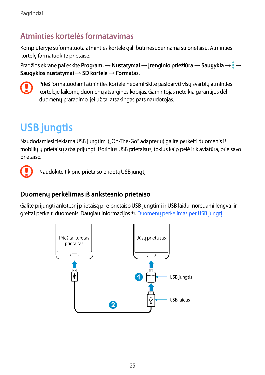 Samsung SM-G930FZDASEB manual USB jungtis, Atminties kortelės formatavimas, Duomenų perkėlimas iš ankstesnio prietaiso 