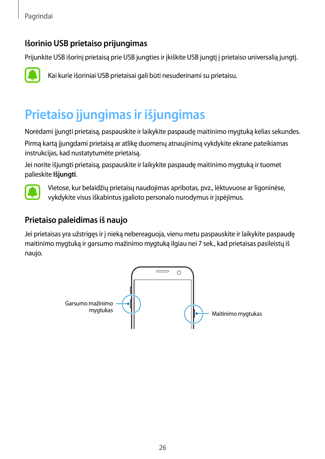 Samsung SM-G930FZDASEB manual Prietaiso įjungimas ir išjungimas, Išorinio USB prietaiso prijungimas 