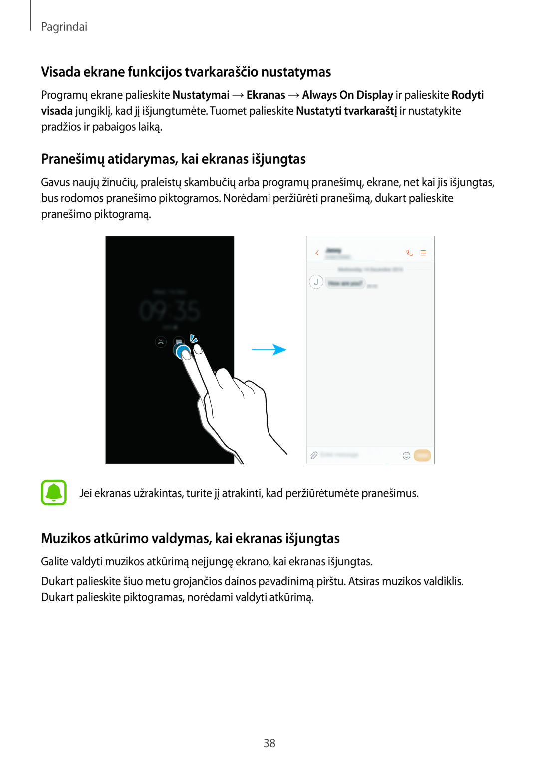 Samsung SM-G930FZDASEB manual Visada ekrane funkcijos tvarkaraščio nustatymas, Pranešimų atidarymas, kai ekranas išjungtas 